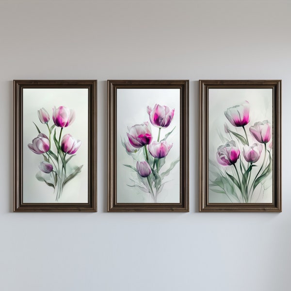 Floral Watercolor Set Of 3 Prints | minimalis abstract Tulips Painting | Botanical Wall Art | Printable Colorful Flower Artwork