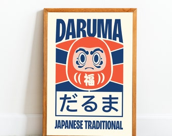 Affiche Daruma vintage, art mural japonais porte-bonheur, décoration zen rétro (téléchargement numérique)