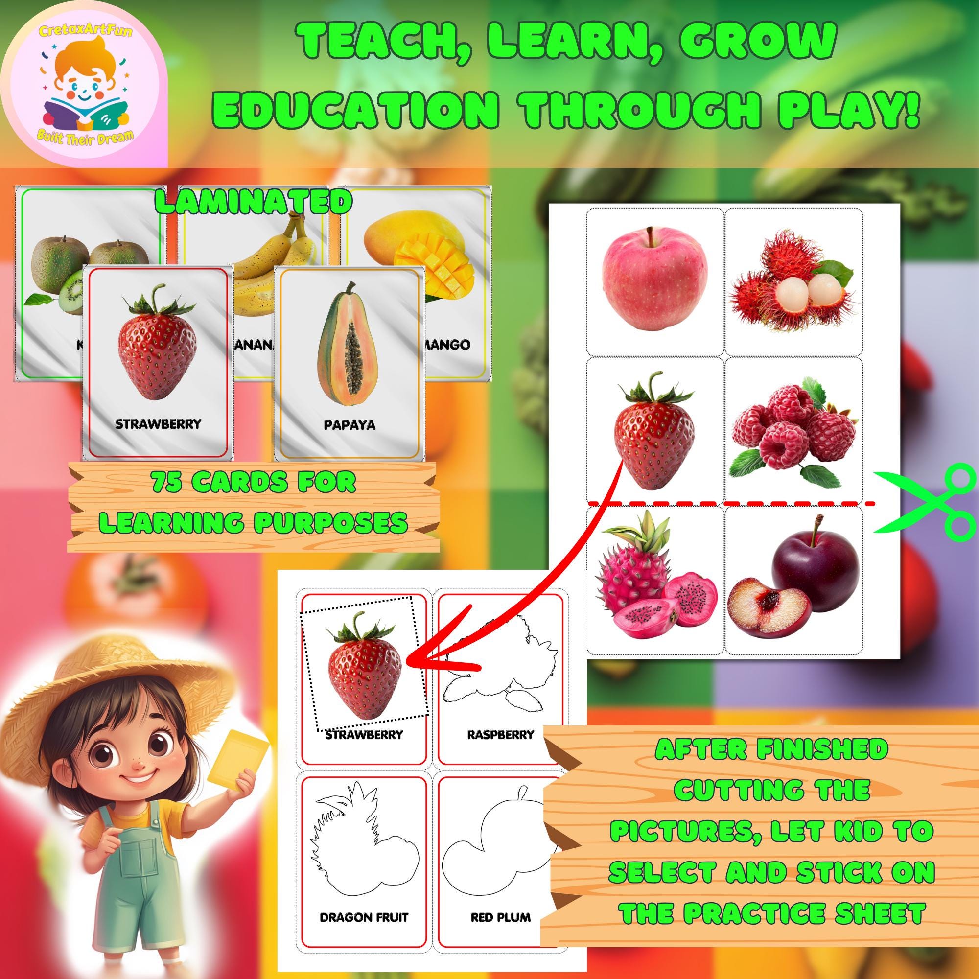 Printable Montessori Flash Card, 80 Fruit Flash Card & Practice Sheet ...