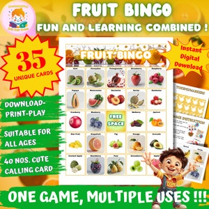 Juego de bingo de frutas imprimible, 35 cartas de bingo únicas, juego educativo, juego para niños, juego de aula y fiesta familiar, juego de vacaciones, descarga instantánea