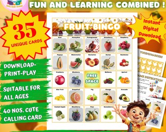 Printable Fruit Bingo Game, 35 Unique Bingo Card, Educational Game, Kid Game, Classroom Game & Family Party, Vacation Game, Instant Download