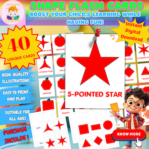 Carte flash Montessori imprimable, carte d'apprentissage des formes 40 et feuille d'exercices, ressources pour la classe, jeu éducatif, fichier PNG, téléchargement immédiat