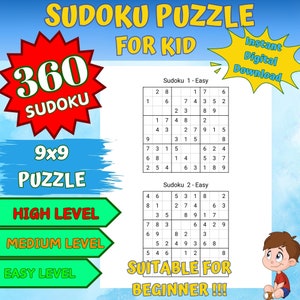 Op de afbeelding: Een kleurrijke, printbare Sudoku-puzzel voor kinderen met drie moeilijkheidsgraden: gemakkelijk, gemiddeld en moeilijk. De puzzel heeft een 9x9-raster met cijfers en lege vakjes. De tekst "360 Sudoku" staat in een rode stervorm. De tekst "Direct digitaal downloaden" staat in een gele stervorm.