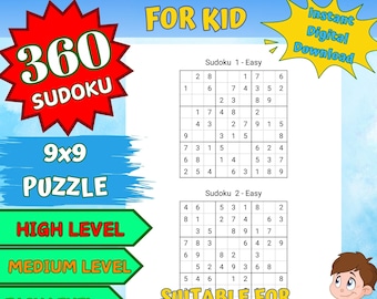 May include: A colorful printable Sudoku puzzle for kids with three difficulty levels: easy, medium, and high. The puzzle features a 9x9 grid with numbers and blank spaces. The text "360 Sudoku" is in a red starburst shape. The text "Instant Digital Download" is in a yellow starburst shape.
