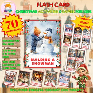 Może przedstawiać: Zestaw 70 drukowanych kart z grami i zabawami świątecznymi dla dzieci. Karty przedstawiają ilustracje dzieci budujących bałwana, robiących śnieżne anioły, dekorujących choinkę i inne zimowe zabawy. Karty są odpowiednie dla wszystkich grup wiekowych i można je drukować w dwóch różnych układach: 4 lub 6 kart na stronie.