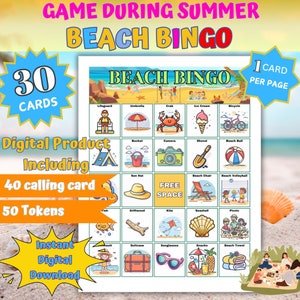Zomerstrandbingospel voor kinderen | 30 bingokaarten | 40 Visitekaartje | Familiereüniespel | Educatief spel | Afdrukbare bingo | CretaxArtFun