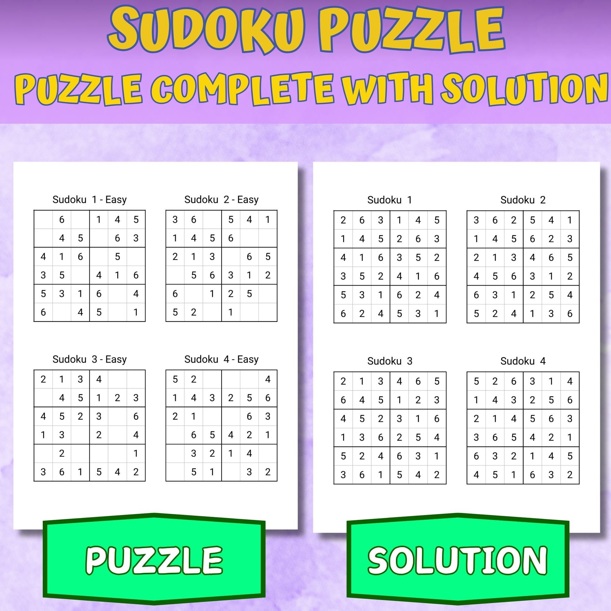 Printable Sudoku 6x6 for Kids | 90 Puzzles With Solutions | Easy ...