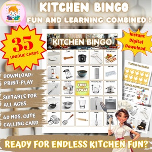 Druckbares Küchen Bingo Spiel, 35 einzigartige Karten, Koch- und Klassenzimmerspiel, Kinderspiel, Familienspiel, Urlaubsspiel, Sofortdownload