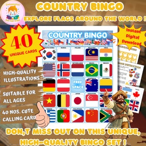 Jogo de bingo com bandeiras do país para impressão, 40 bingo exclusivo, jogo educativo para crianças, adultos e classe, festa em família, jogo de férias, download instantâneo