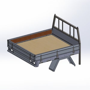 May include: A 3D rendering of a truck bed with a wooden floor and side rails. The bed has a metal frame with a headboard featuring vertical bars. The design is industrial and functional, suitable for hauling cargo.