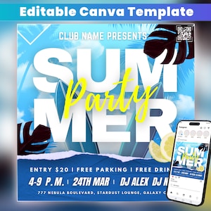 Könnte beinhalten: Werbegrafik für eine Sommerparty mit den Worten "SUMMER PARTY" in großen weißen und gelben Buchstaben vor blauem Himmel. Das Design umfasst Surfbretter, tropische Blätter und ein Smartphone, das dieselbe Grafik anzeigt.