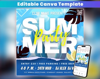 Sommarfestflyer, redigerbar klubbflyermall för Canva, gör-det-själv-evenemangsflyer, digital födelsedagsflyer, DJ happy hour-inbjudan för sociala medier