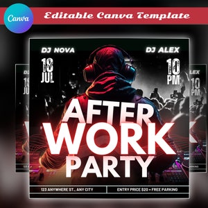 Op de afbeelding: Een promotieflyer voor een after-work party. Het ontwerp toont een DJ met een koptelefoon, met de woorden "AFTER WORK PARTY" in grote, vette letters. De flyer bevat de datum, tijd en locatie.