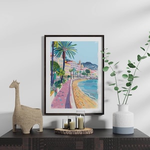 Impresión artística de la Riviera Francesa de Cannes, decoración de pared de la Costa Azul, póster de la costa mediterránea, obra de arte de viaje a Francia, escena de playa de Cannes