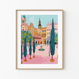 Plaza de Espana Painting, Spain Landmark Artwork, Europe Travel Souvenir, Spanish Monument Print