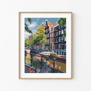 Amsterdam Art Print, Dutch Cityscape Wall Decor, Canal Houses Poster, Amsterdam Architecture Artwork, Netherlands Travel Art