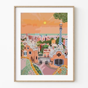 Park Guell Gaudi Print Art, Wall Decor, Barcelona Artwork, Travel Poster, Gaudi Architecture