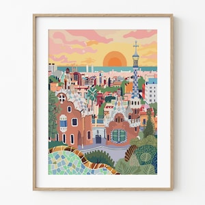 Park Guell Gaudi Print Art, Wall Decor, Barcelona Artwork, Travel Poster, Gaudi Architecture