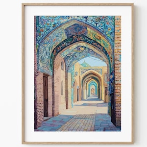 Arabesque Mosque Door Art Print, Islamic Geometric Blue Artwork, Persian Iranian Architecture Poster, Elegant Islamic Decor