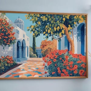 Oriental Palace Garden Art Print, Exotic Courtyard Wall Decor, Lush Greenery Poster, Islamic Architecture Artwork
