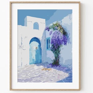 Traditional Tunisian House Art Print, White Walls & Turquoise Door Poster, Mediterranean Architecture Wall Decor
