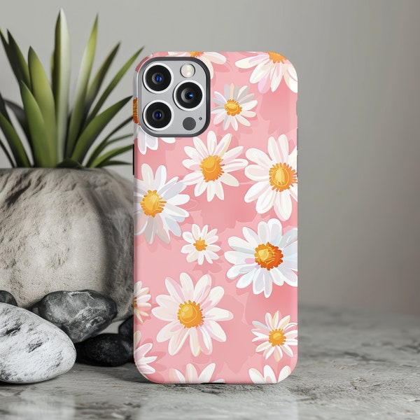 Cute daisy blossoms phone casing, artsy durable blue phone shell, floral pink glowing phone cover, protective petals flower phone case