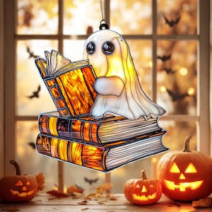Cute Ghost Reading Book Acrylic Suncatcher – Faux Stained Glass Halloween Window Hanging, Spooky Gothic Decor, Book Lover Gift