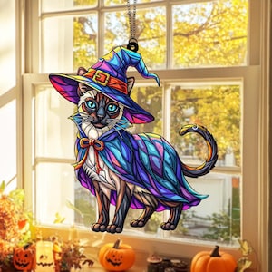 Halloween Witch Cat Acrylic Suncatcher – Faux Stained Glass Window Hanging, Spooky Cute Black Cat Decor, Fall Gift For Cat Lovers
