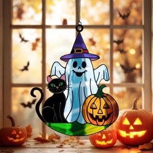 Ghost Cat Pumpkin Acrylic Suncatcher – Cute Halloween Faux Stained Glass Window Hanging, Spooky Fall Decor, Witchy Window Ornament Gift
