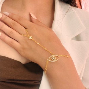 Cadena de mano con pavé de ojo malvado, cadena de mano con pavé de circonita cúbica, regalo para ella, pulsera con pavé de ojo malvado, cadena de mano con pavé de ojo malvado, regalo para ella, joyería de plata