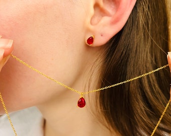 Gold Pear Ruby Jewelry Set: Sterling Silver Necklace & Earrings