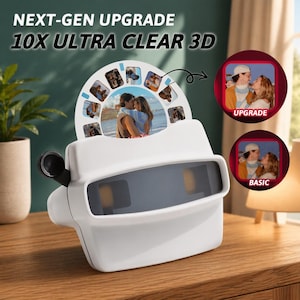 Pode incluir: Um visualizador branco de estilo retrô com um slide circular com várias imagens. O texto "NEXT-GEN UPGRADE 10X ULTRA CLEAR 3D" é exibido na parte superior. Duas imagens circulares adicionais são exibidas, uma rotulada "UPGRADE" e a outra "BASIC".