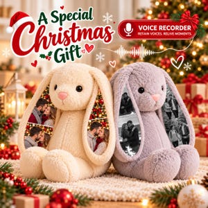 Può includere: Due coniglietti di peluche, uno color crema e uno color lavanda, con lunghe orecchie decorate con fotografie in bianco e nero di coppie. Il testo A Special Christmas Gift e VOICE RECORDER RETAIN VOICES. RELIVE MOMENTS. appare sopra.