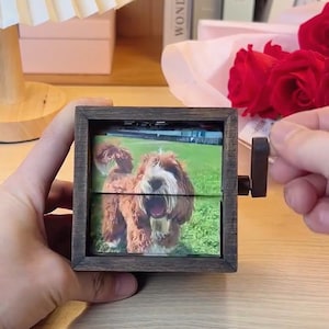 Op de afbeelding: Een houten muziekdoos met een slinger aan de zijkant. De doos heeft een venster dat een foto laat zien van een bruine en witte hond. De hond glimlacht en heeft zijn tong uitgestoken.