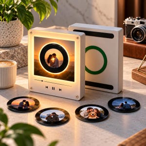 Puede incluir: Dos cajas de luz cuadradas blancas con pantallas fotográficas circulares y gráficos de interfaz de reproductor de música, acompañadas de cuatro posavasos circulares con fotografías impresas de parejas y un perro.