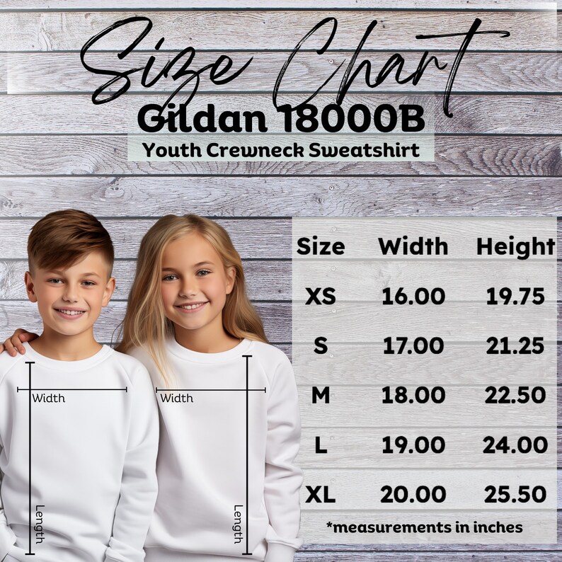 May include: Size chart for Gildan 18000B youth crewneck sweatshirts. The chart shows sizes XS through XL with corresponding width and height measurements in inches.