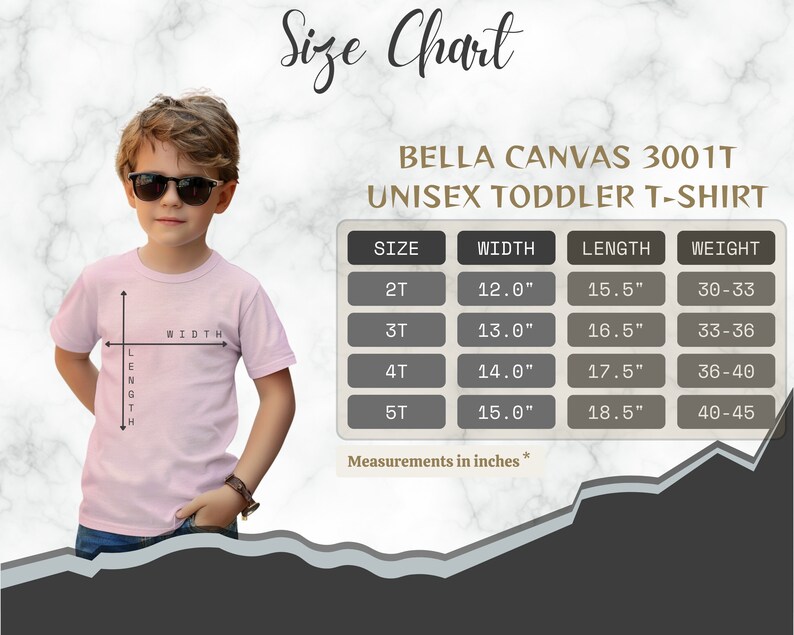 Pu&ograve; includere: Tabella delle taglie per t-shirt unisex per bambini piccoli Bella Canvas 3001T. La tabella mostra le taglie 2T, 3T, 4T e 5T con le misure corrispondenti di larghezza, lunghezza e peso in pollici.