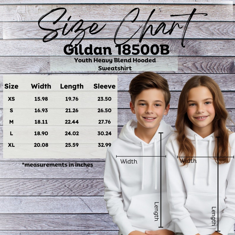 May include: Size chart for a youth hooded sweatshirt in sizes XS to XL. The chart shows the width, length, and sleeve length in inches. The chart is on a woodgrain background.