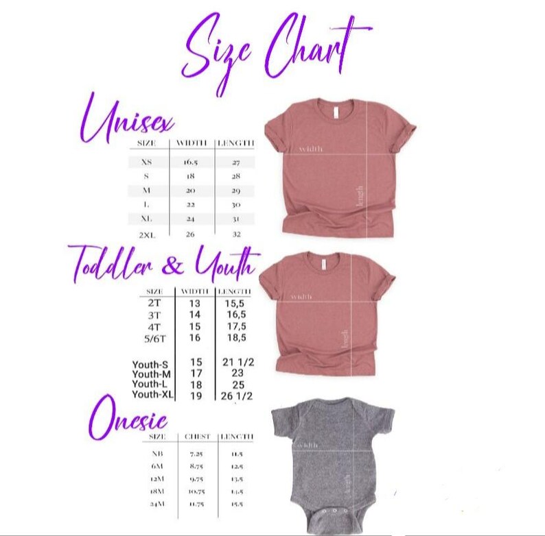 May include: Size chart for unisex, toddler, youth, and onesie shirts. The chart shows the width and length measurements in inches for each size. The chart also includes a picture of a pink unisex shirt, a pink toddler shirt, and a gray onesie.