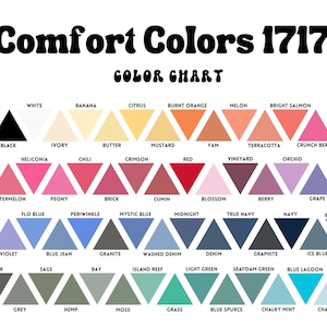 May include: A color chart with 48 color swatches arranged in a triangular pattern. Each swatch is labeled with a color name, such as "White", "Black", "Watermelon", "Kiwi", "Violet", "Pepper", "Khaki", "Grey", "Hemp", "Moss", "Grass", "Blue Spruce", "Chalky Mint", "Chamray", "Banana", "Citrus", "Burnt Orange", "Melon", "Bright Salmon", "Ivory", "Butter", "Mustard", "Yam", "Terracotta", "Crunch Berry", "Heliconia", "Chili", "Crimson", "Red", "Vineyard", "Orchid", "Peony", "Brick", "Cumin", "Flo Blue", "Periwinkle", "Mystic Blue", "Midnight", "Blue Jean", "Granite", "Washed Denim", "Sage", "Bay", "Island Reef", "Light Green", "Seafoam Green", "Blue Lagoon", "Topaz Blue".