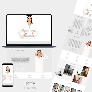 Könnte beinhalten: Ein Website-Mockup für eine UGC-Erstellerin namens Juliet Ford. Die Website zeigt ein Foto von Juliet, ihre Geschichte und ihre Arbeit. Die Website enthält auch Social-Media-Statistiken, wie z. B. 150.000 Instagram-Follower, 204.000 TikTok-Follower und 23.000 Pinterest-Follower. Die Website ist im minimalistischen Stil mit weißem Hintergrund und schwarzem Text gestaltet.