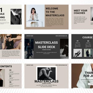 Canva Business Life Coach Masterclass Template, Online Course Creation Slide Deck, Webinar Presentation, Modern Editorial, Company Slides