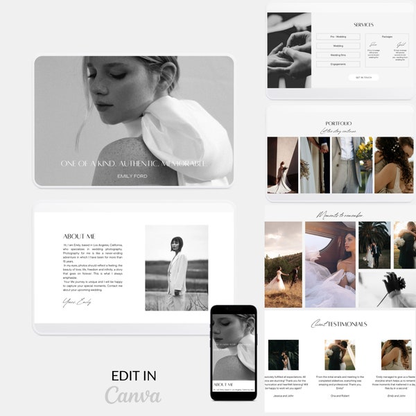 Photography Website Template Canva, Wedding Website Canva Template, Website Template for Photographers, Canva Website, Photographer Website