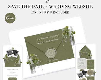 Digital Wedding Bundle, Save the Date + Wedding Website, Olive Green Invitation, Editable Canva Templates, Online RSVP