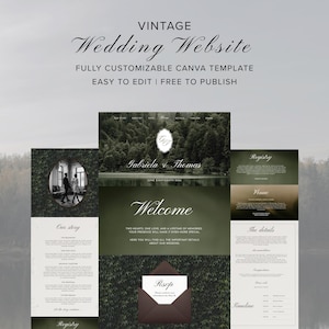 Könnte beinhalten: Eine Vintage-Hochzeitswebsite-Vorlage mit einem Hintergrund aus einem Wald. Das Design umfasst Abschnitte für die Geschichte des Paares, das Register, den Veranstaltungsort und Details. Der Text lautet "Wedding Website", "Fully Customizable Canva Template" und "Easy to Edit | Free to Publish."