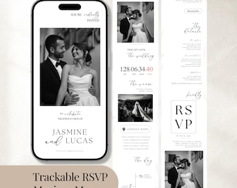 Página web de boda en Canva con cuenta regresiva para confirmación de asistencia con música, plantilla de invitación de boda digital en blanco y negro, diseño minimalista elegante, descarga instantánea.