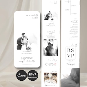 Op de afbeelding: Digitaal huwelijksuitnodigingsontwerp met een zwart-witfoto van een stel. De uitnodiging bevat de namen "Jasmine en Lucas", de datum "18 juni 2026" en RSVP-informatie. Het ontwerp is beschikbaar op Canva.