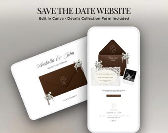 Save the Date Website Template, Digital Save The Date, Brown Envelope Design (Canva, Mobile Friendly, Address Collection)