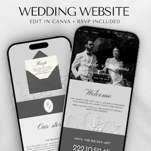 Op de afbeelding: Twee smartphones tonen een ontwerp voor een trouwwebsite. Eén toont een RSVP-kaart, de andere een welkomstbericht met de namen van het paar en de trouwdatum. De tekst luidt "Trouwwebsite, Bewerken in Canva, RSVP Inbegrepen."