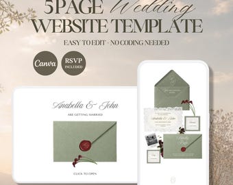 Modèle de site Web de mariage vert sauge avec RSVP, faire-part de site Web de mariage en toile modifiable, téléchargement immédiat